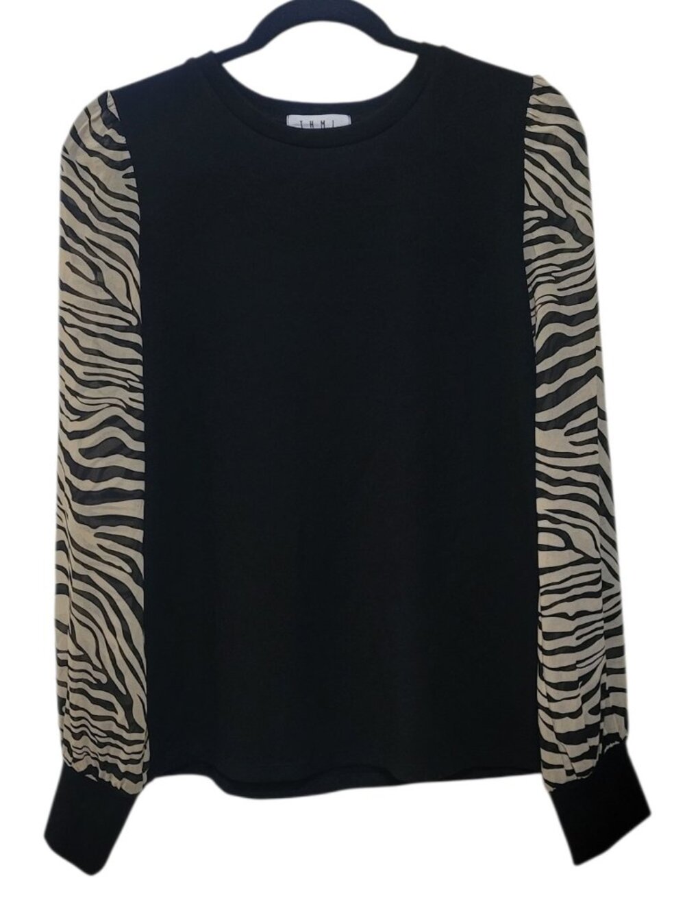 THML Sweater Top Black Sheer Zebra Print Sleeve Mixed Media Knit Blouse Medium